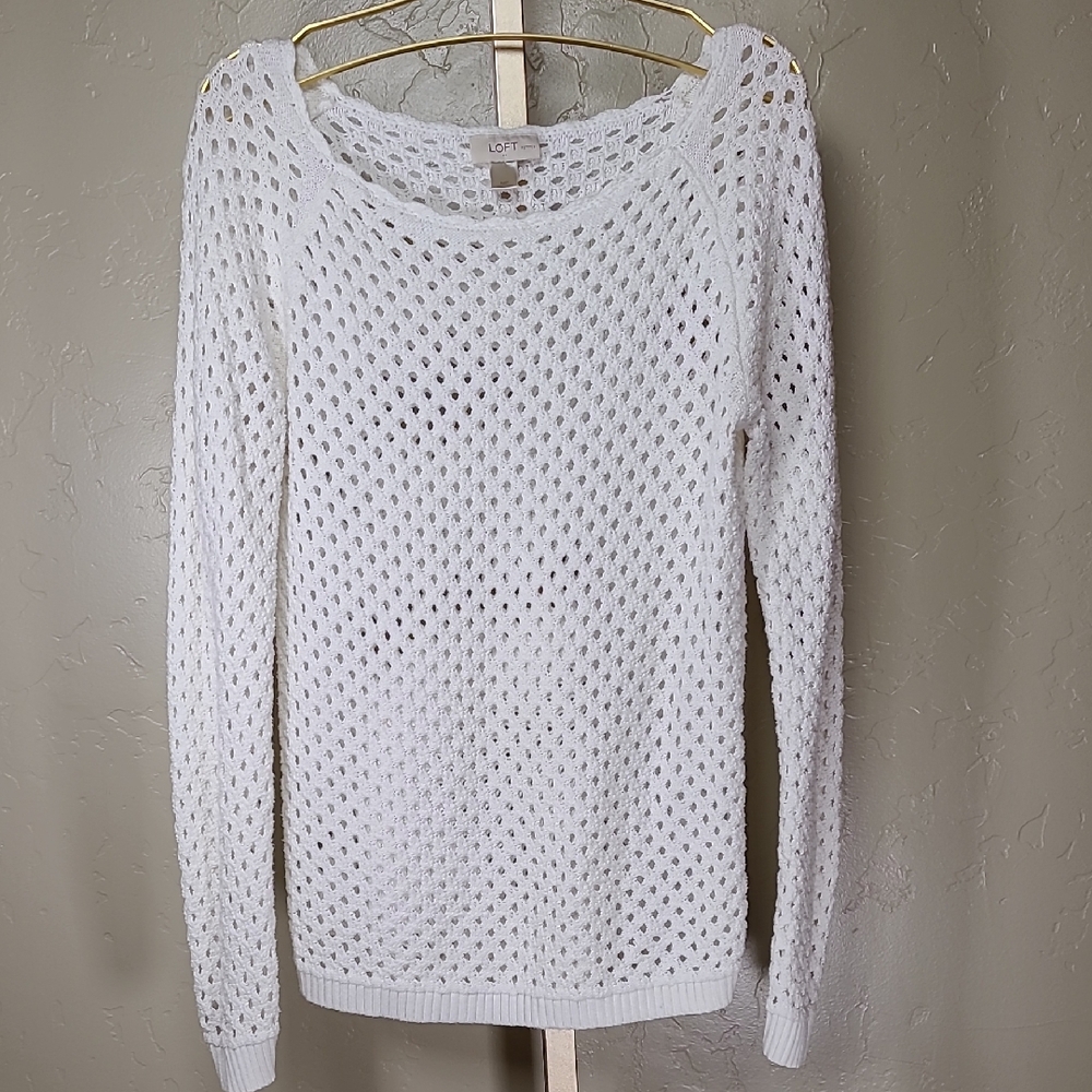 LOFT White Open-Knit Crew Neck Sweater‎ 100% Cotton Medium Petite